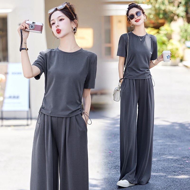 休闲灰色运动套装女2025年夏季新款遮肉显瘦T恤垂感阔腿裤两件套