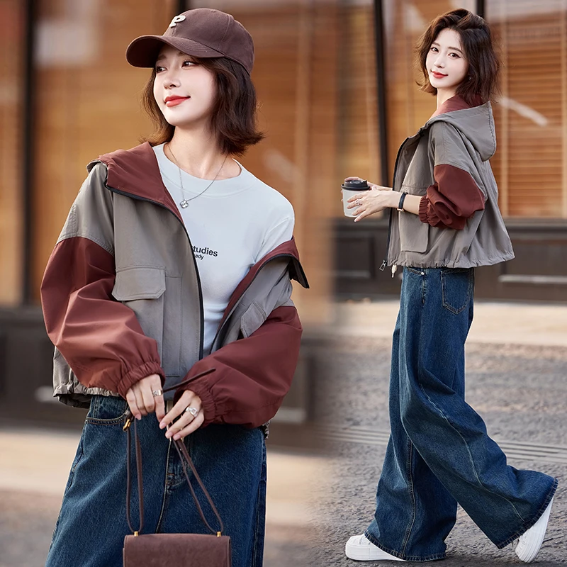 休闲工装连帽短外套女2024年秋季新款小个子宽松拼接撞色百搭夹克