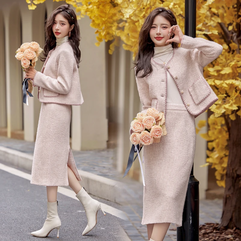 法式小香风甜美套装裙女2025春秋新款时髦名媛羊毛呢半身裙两件套
