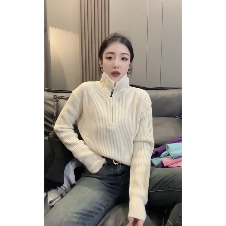 欧洲站2023秋季新款韩版时尚百搭半拉链设计感针织上衣女