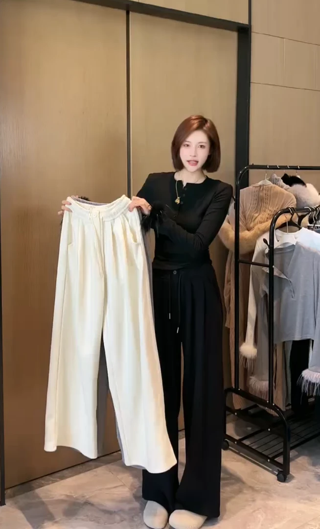 欧货2024秋冬新款时髦休闲百搭松紧腰显瘦加厚直筒阔腿休闲长裤女