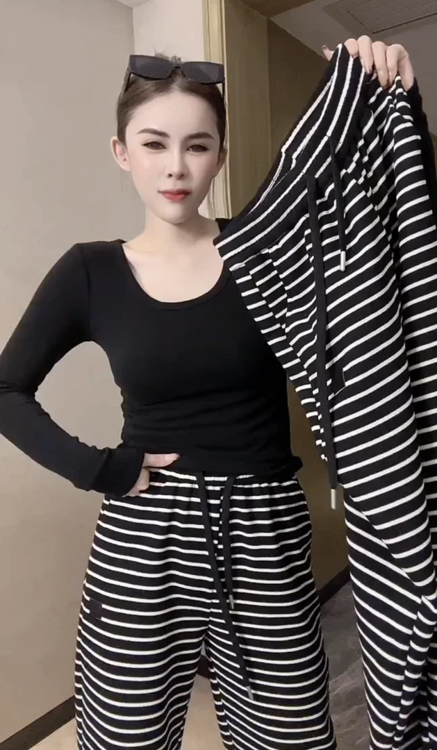 2023秋冬新款时髦百搭加绒加厚撞色条纹松紧腰显瘦直筒阔腿长裤女