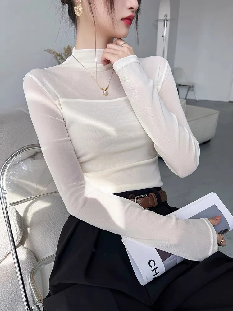 小半高领网纱黑色打底衫女士高端长袖T恤2024新款薄款上衣高级感