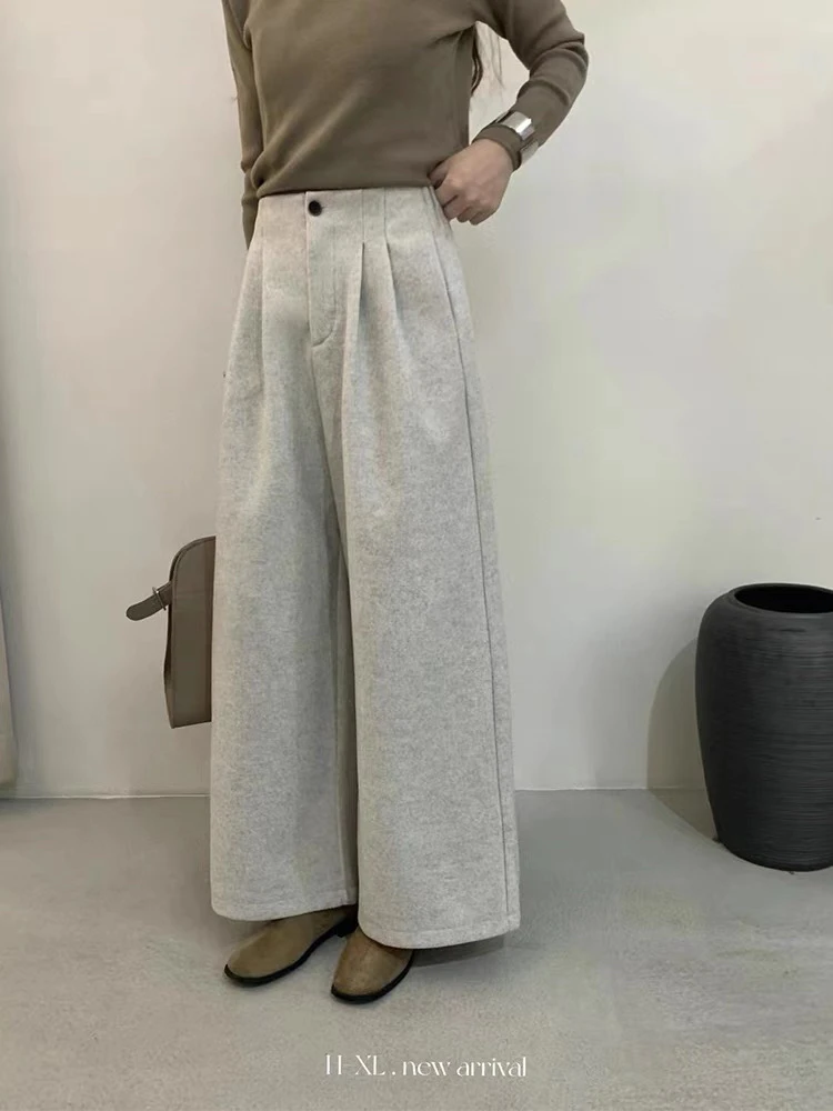 秋冬新款高腰毛呢阔腿裤宽松显瘦休闲裤女韩版