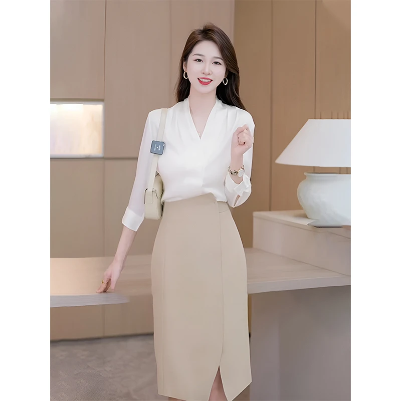 V领衬衫女夏装搭配一整套2025新款夏季高腰半身裙职业气质套装裙