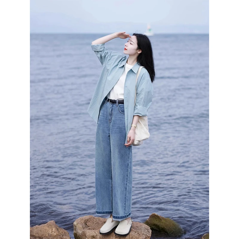 2024早春爆款今年流行漂亮防晒衬衫女设计感小众宽松显瘦蓝色上衣