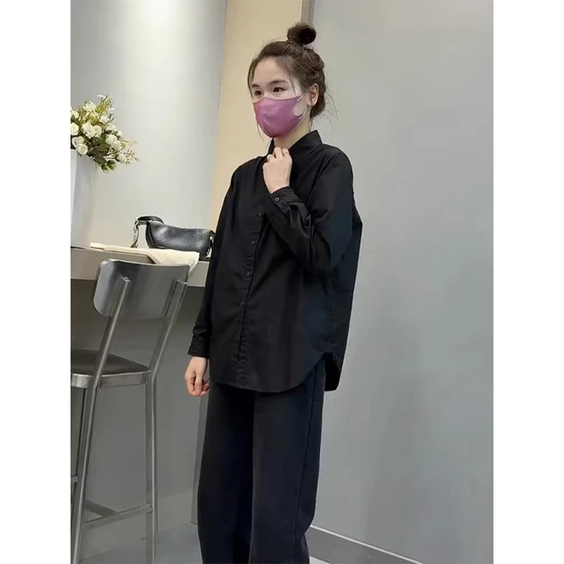 黑色衬衫女2024年早春新款高级感宽松叠穿衬衣小个子内搭打底衫衣