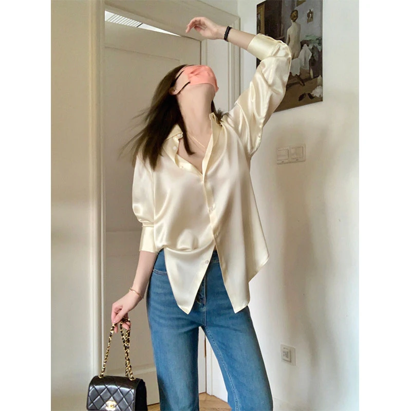 法式轻奢醋酸缎面衬衫女防晒外套上衣高级感长袖衬衣宽松外穿百搭