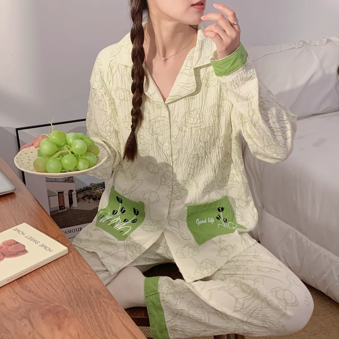 【买一宋一】春夏皱皱云朵棉带胸垫月子服孕妇产后透气哺乳长袖睡衣