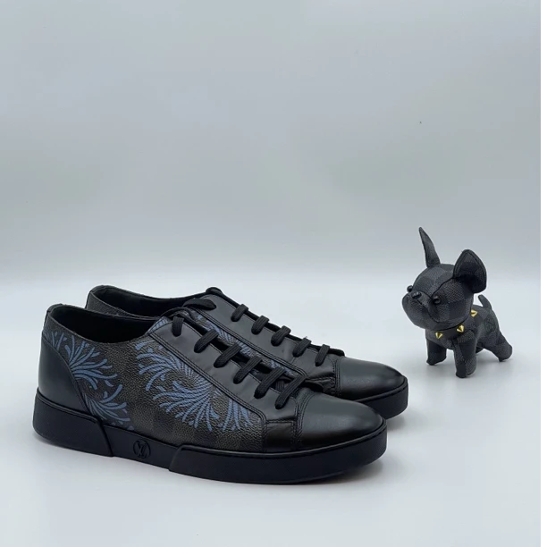 99新 LouisVuitton/路易威登 黑色棋盘格拼接蓝色藤蔓板鞋 41.5码