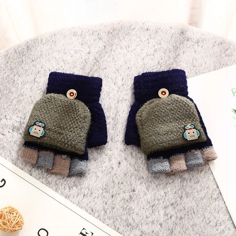 现货针织卡通机器人男孩学生翻盖写字骑行半指冬季保暖儿童手套