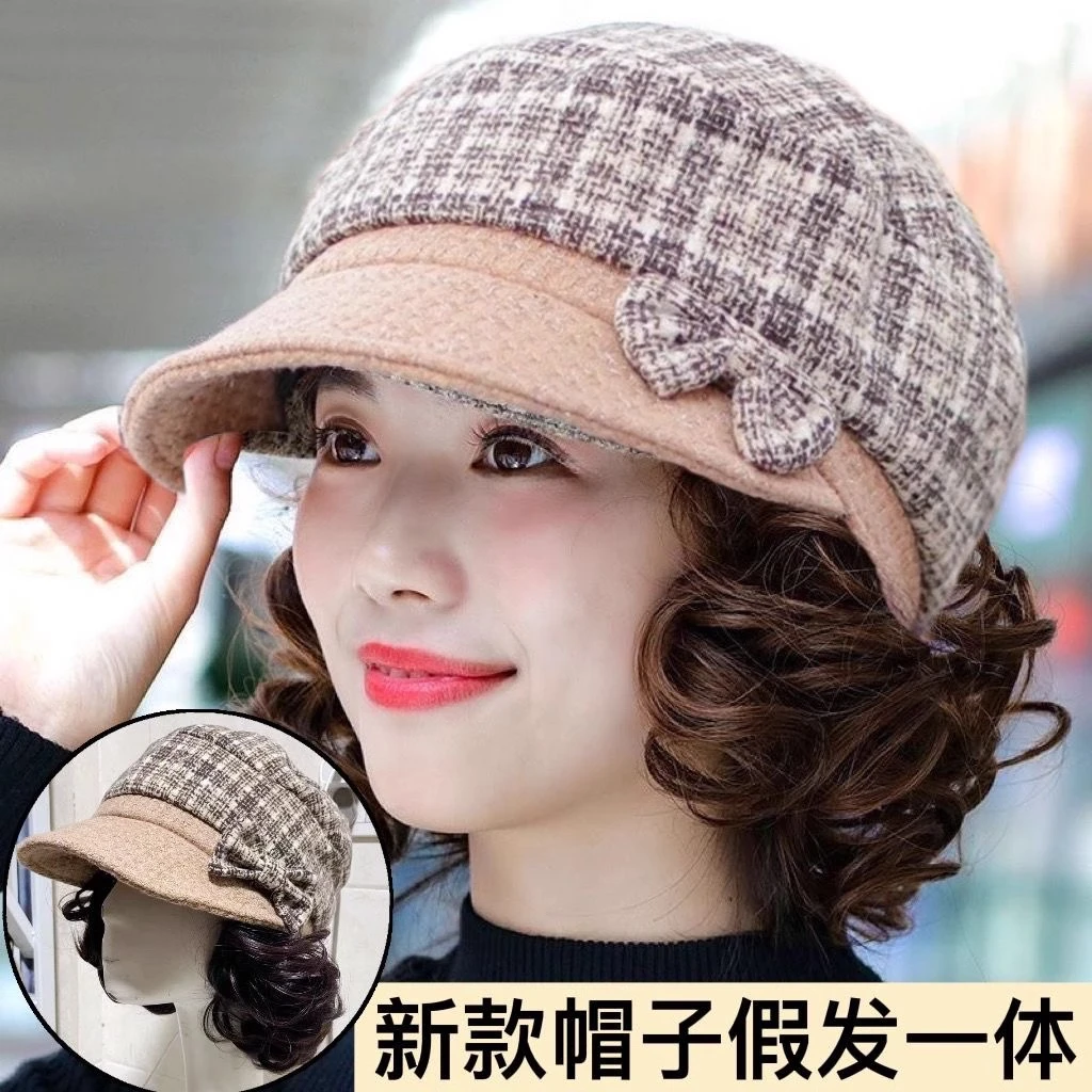帽子假发一体女鸭舌帽短卷发逼真自然帽子带头发假发套中老年妈妈