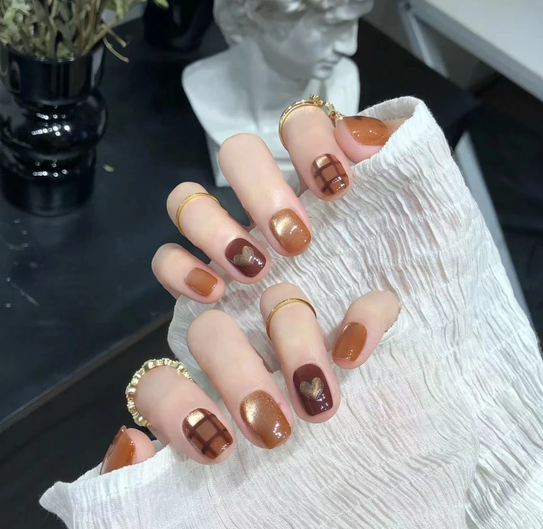 喵公子【焦糖布丁】纯手工穿戴甲可拆卸美甲光疗甲