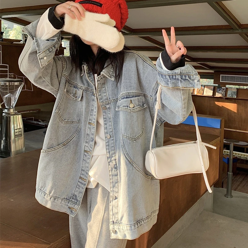 2023春新款百搭工装大口袋夹克上衣韩版宽松牛仔外套女休闲复古