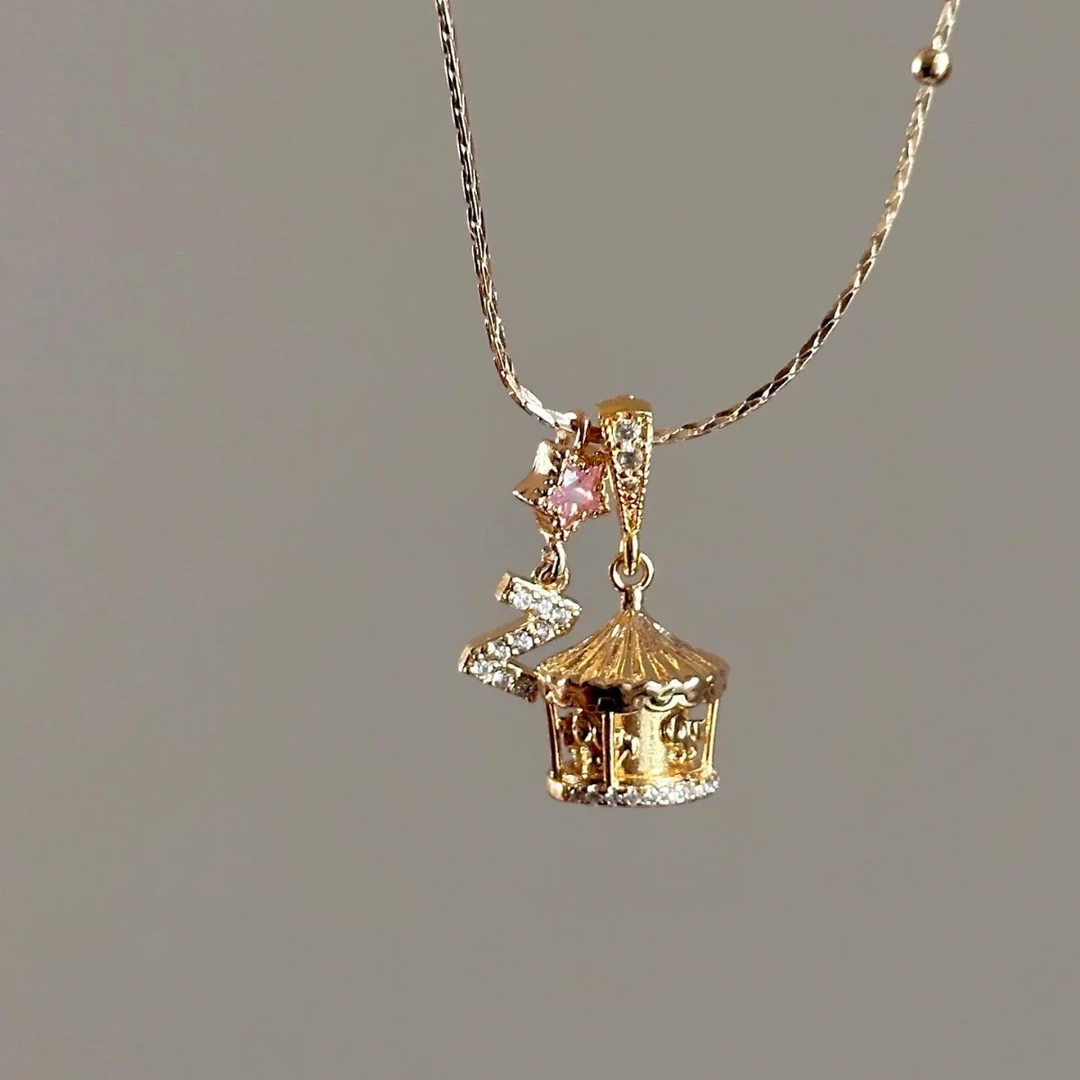 吊坠925银 纯银项链甜美风旋转木马黄金色锁骨链女秋冬新款高级感