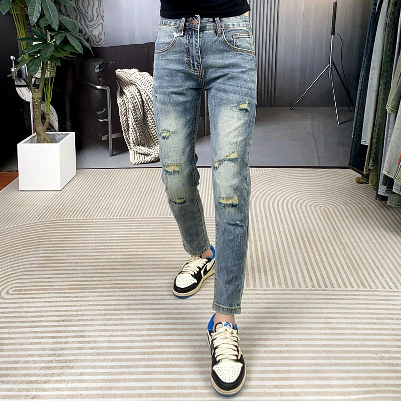 夏季新款九分男牛仔裤子时尚休闲修身男士薄款破洞个性潮流牛仔裤