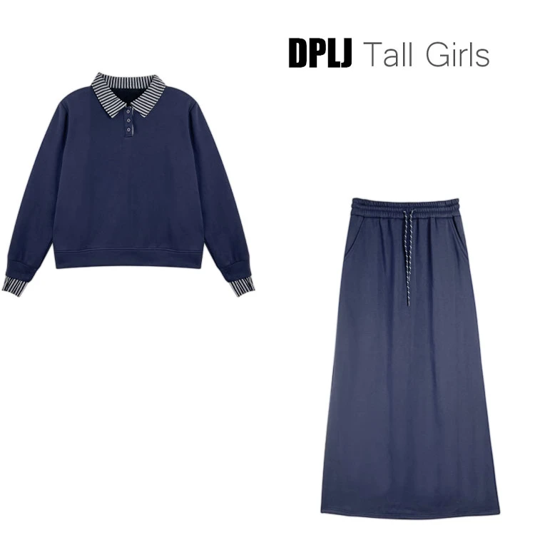 安妮学院 高个子加长女装秋冬加绒拼接设计感衬衫卫衣裙套装6500