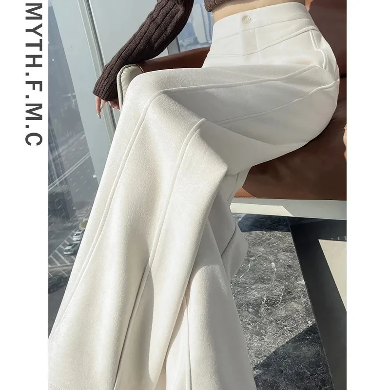 米白色慵懒风松弛感裤子女2024秋冬季宽松高腰150-180斤休闲裤女