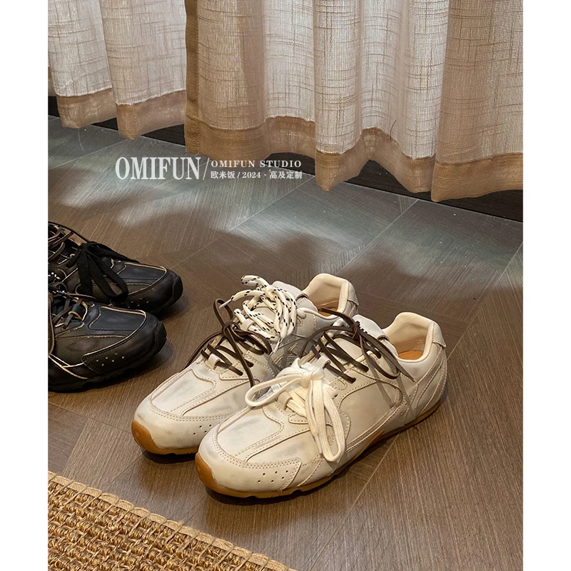 欧米饭手工鞋~2024新款休闲德训鞋女运动复古擦色做旧
