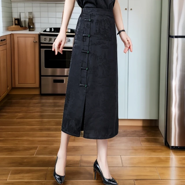 新中式复古旗袍半身裙女夏季新款国风气质提花中长款高腰开叉裙子