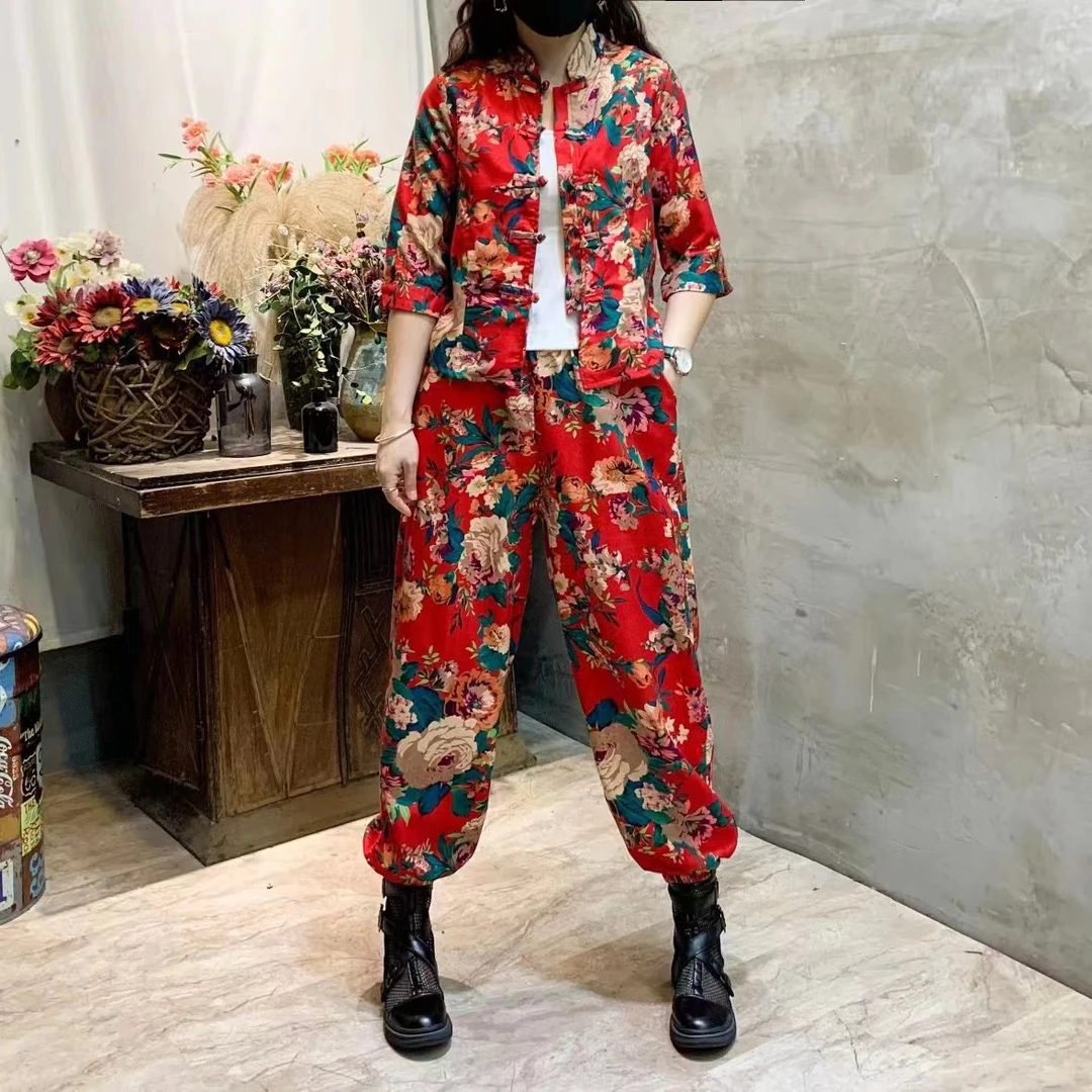 东北大花套装女春夏季网红复古盘扣时尚潮流百搭中式休闲两件套女