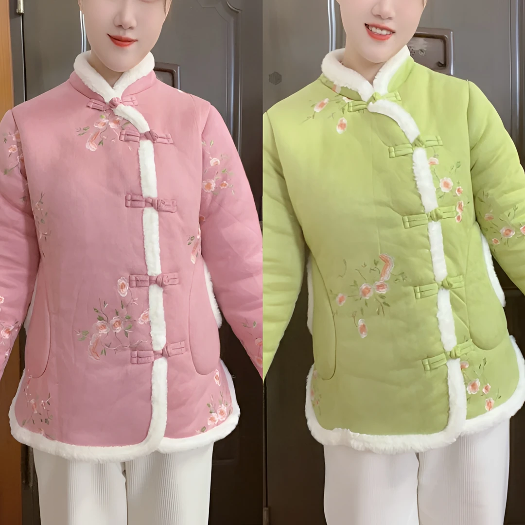 万针刺绣高档旗袍领小花袄女2023新款加厚中国风盘扣时尚潮流棉衣