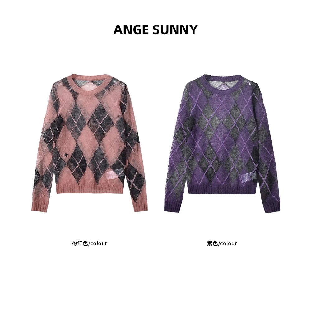ANGE SUNNY【马海毛菱格毛衣】时尚新款 蜜蜂刺绣圆领撞色针织毛衣