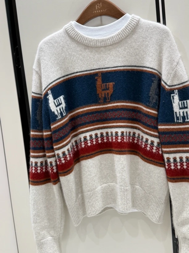 复古撞色圆领麋鹿毛衣氛围感长袖针织衫加厚打底