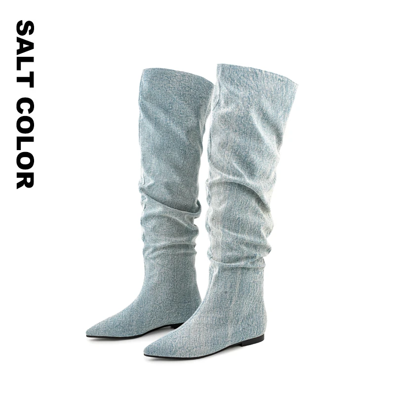 Saltcolor 尖头平底水洗牛仔布褶皱靴女低跟宽松一脚蹬堆堆过膝靴