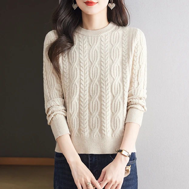 洋气时尚2024秋冬女装宽松半高领提花保暖加厚内搭套头打底毛衣