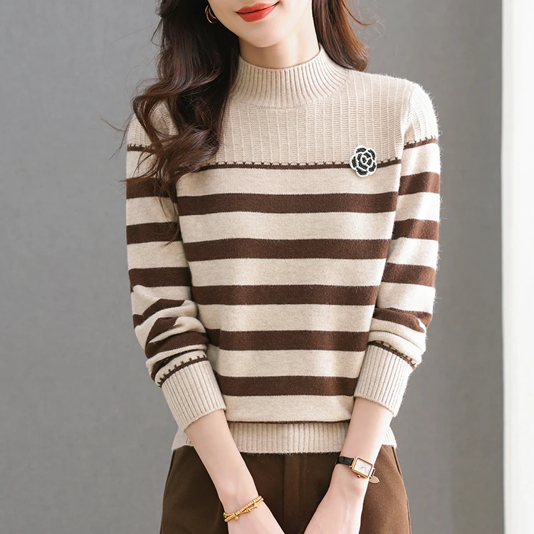2024秋冬女装爆款圆领条纹百搭保暖打底衫加厚精致上衣半高领内搭