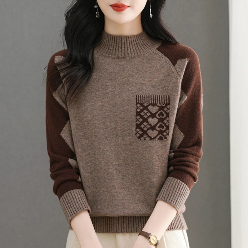 冬季新款半高领加厚针织衫女撞色洋气百搭宽松毛衣显瘦长袖打底衫