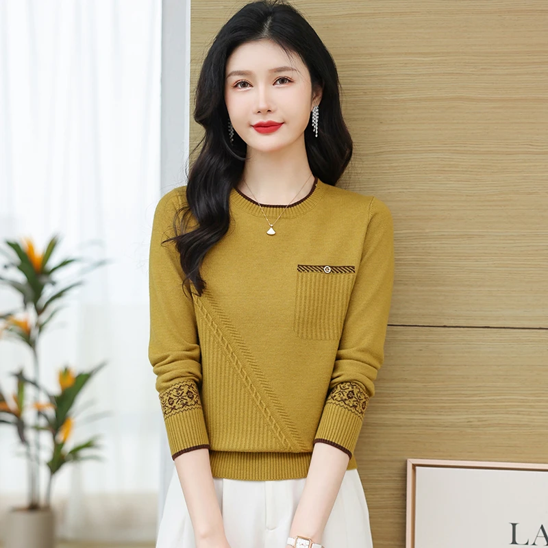 女装秋冬休闲百搭洋气中年女款毛衣套头圆领长袖毛针织衫短款上衣