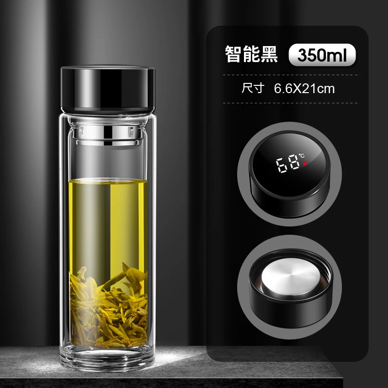 高档商务测温双层玻璃杯男士简约显温泡茶保温杯女士水杯防爆杯子