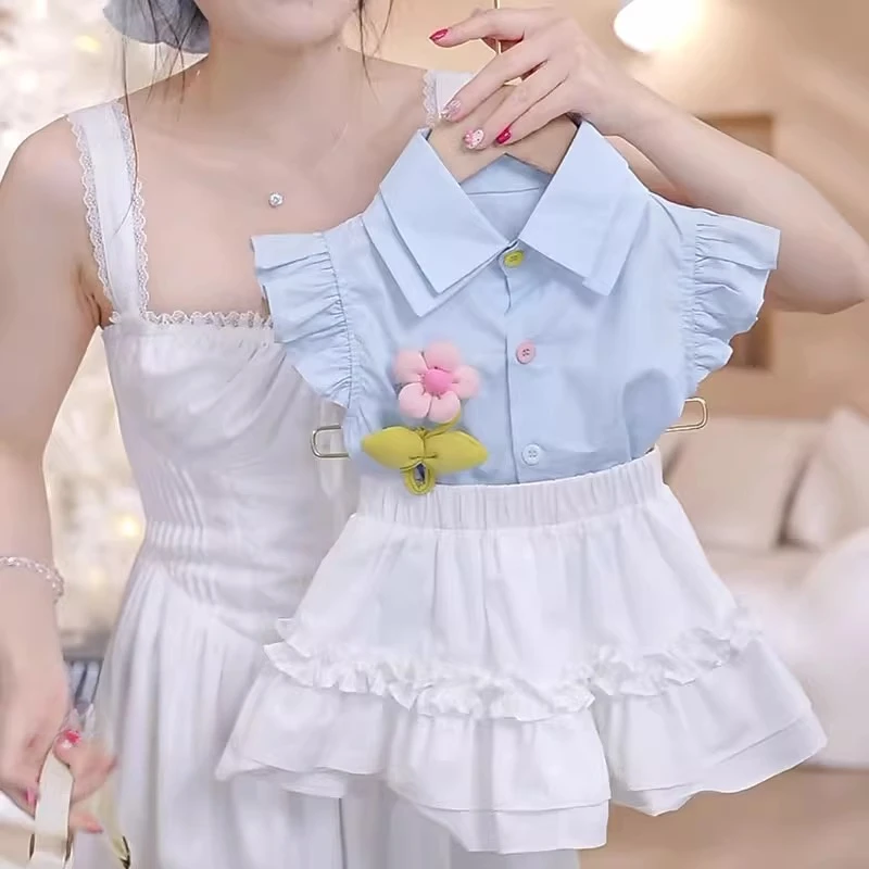 女童小飞袖衬衫半身裙套装2025夏款小女孩太阳花甜美短裙短袖裙裤