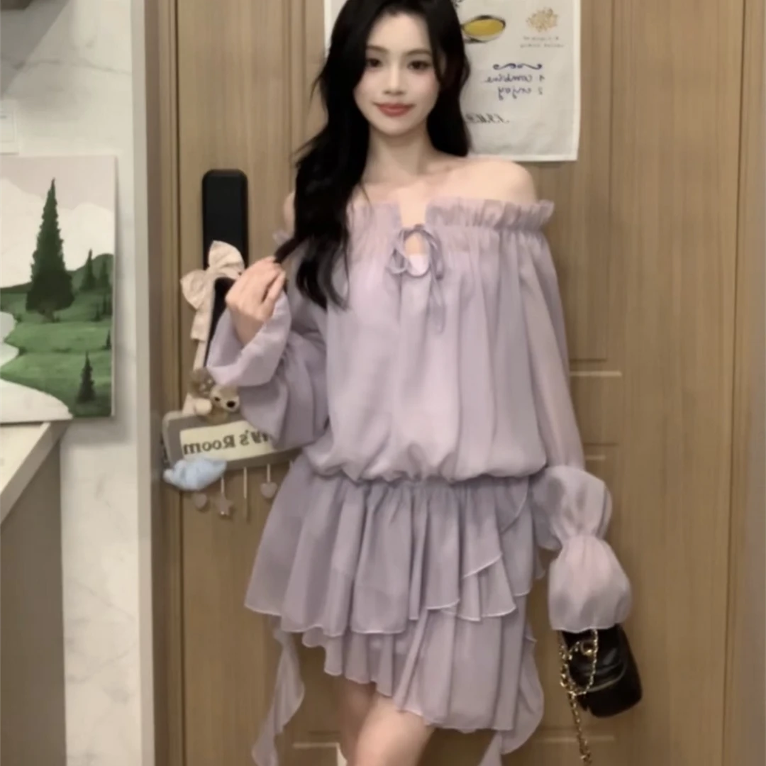 性感纯欲风一字肩紫色连衣裙女春夏法式气质收腰不规则飘带短裙子