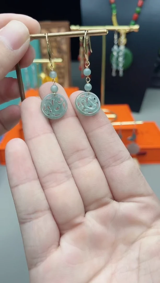 银S925镶嵌翡翠耳饰翡翠雕刻龙牌耳饰