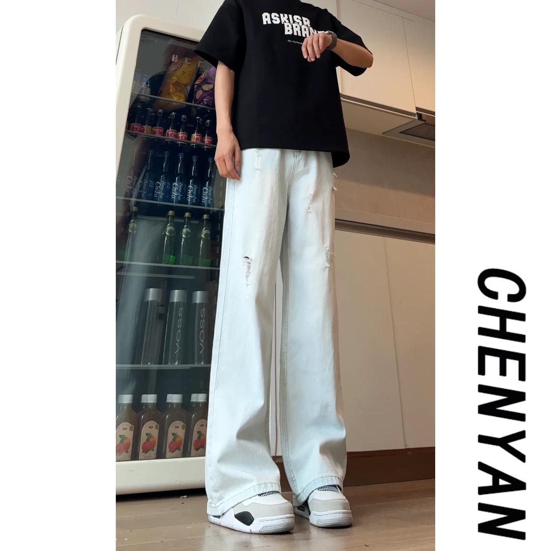 夏季蓝色破洞牛仔裤男款微喇美式高街ins潮潮牌高个子显腿长裤子
