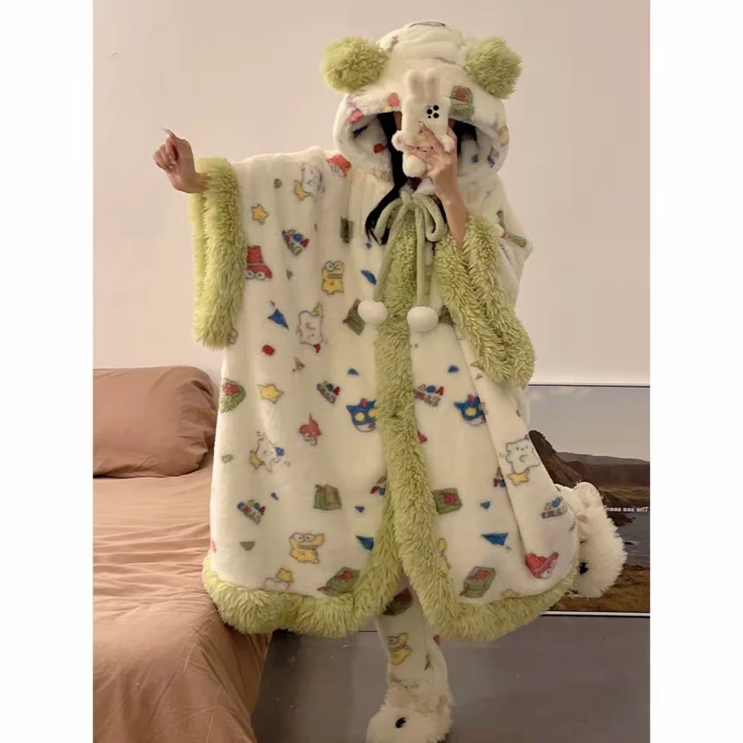 【抹茶蜡笔】冬款斗篷毛绒加厚睡衣可外穿韩版网红时尚宽松显瘦