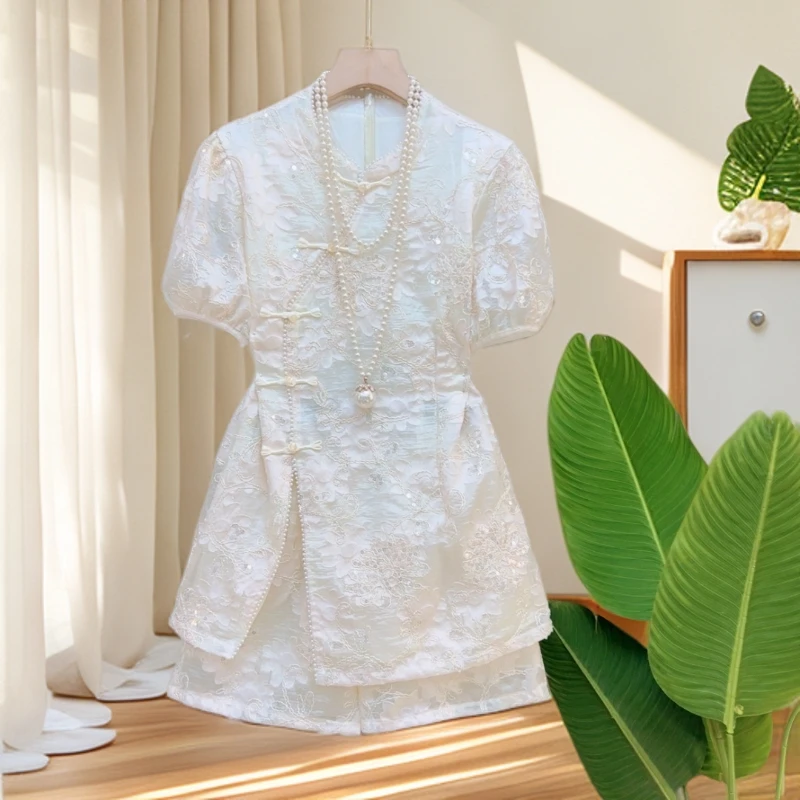 2025年夏网红新款新中式套装女国风气质蕾丝上衣显瘦短袖+短裤雅