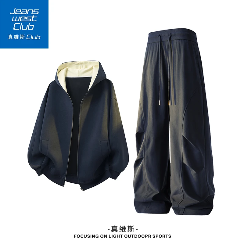 真维斯club韩系早秋穿搭藏青色慵懒风休闲运动套装松弛感一整套男