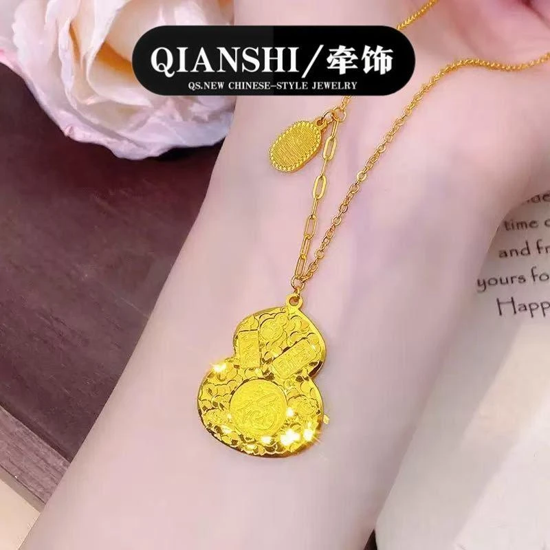 铜合金项链 气质轻奢新款碎冰冰葫芦纳福项链古法金色