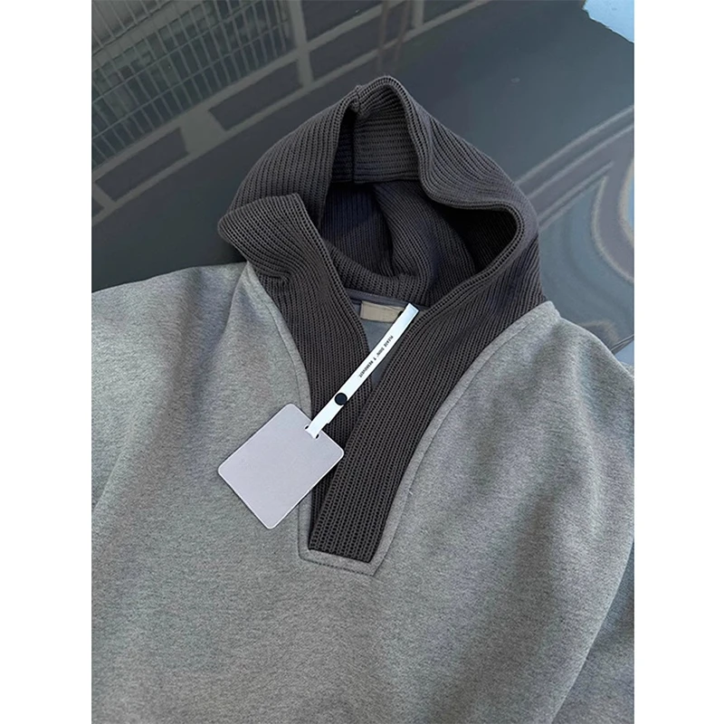 cleanfit灰色v领卫衣男款秋冬针织连帽衫毛线拼接设计感小众外套