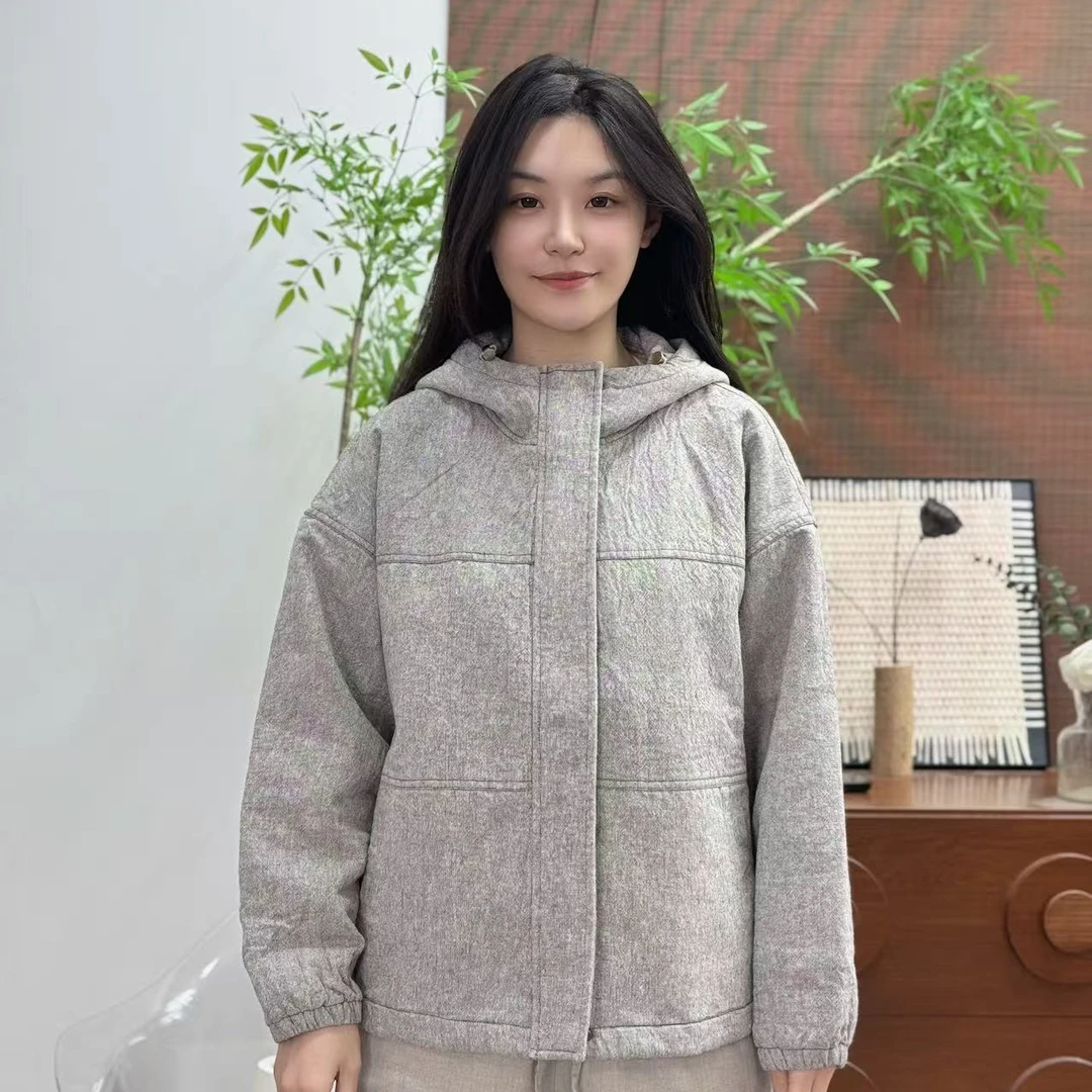 【连帽外套】6支纯汉麻色织麻灰女士风衣短外套厚实面料可机洗