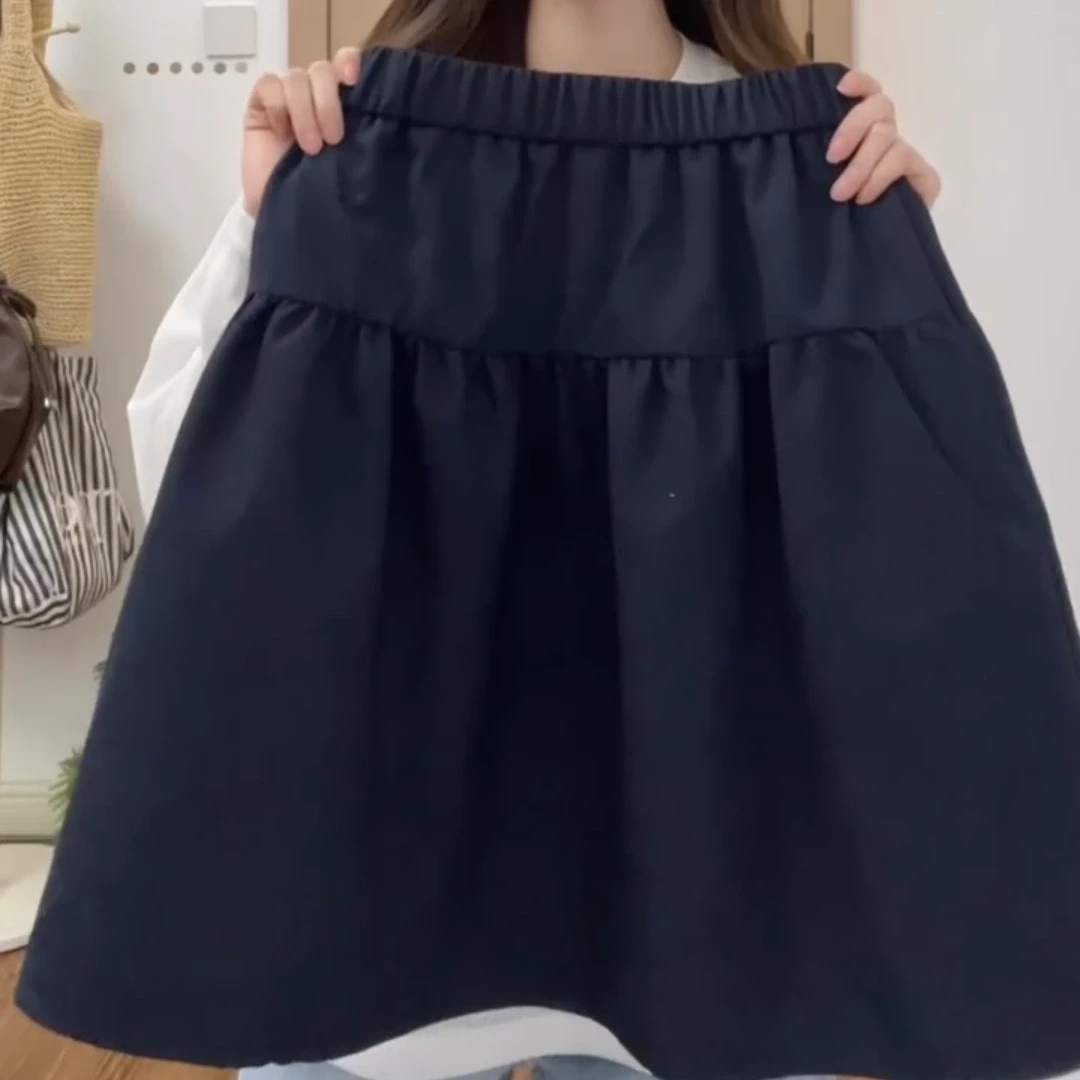 韩系穿搭藏青色半身裙女小个子夏季新款显瘦高腰宽松百搭a字裙子