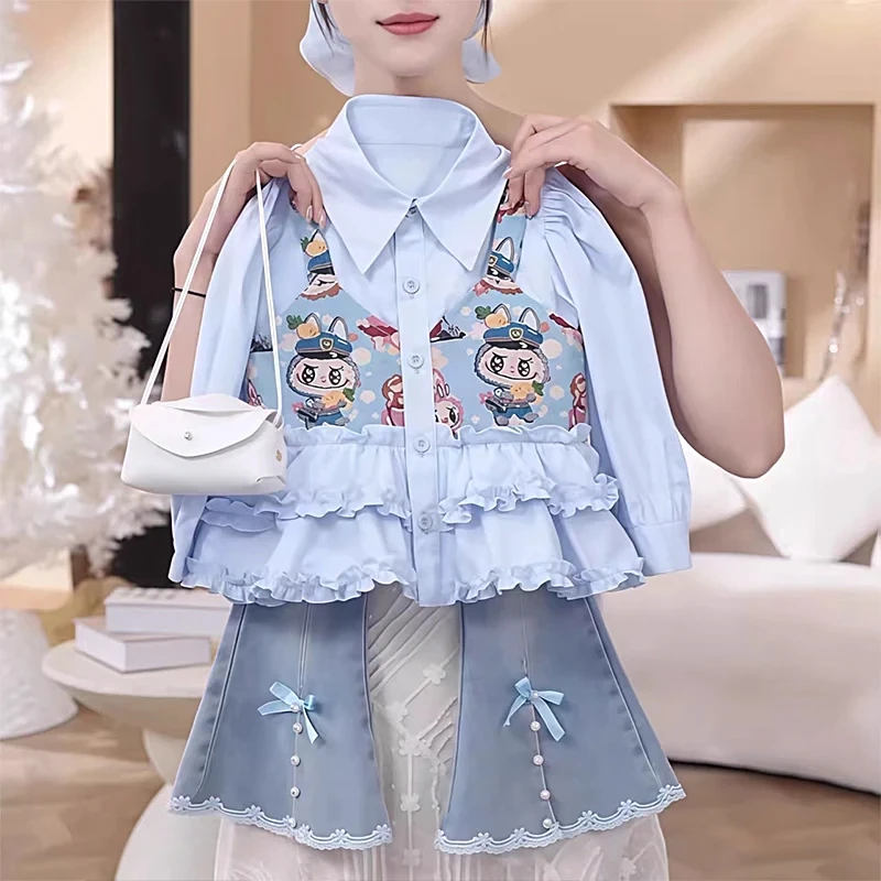 女童早秋拉布布衬衫微喇叭裤套装2025新款春秋款假两件上衣牛仔裤
