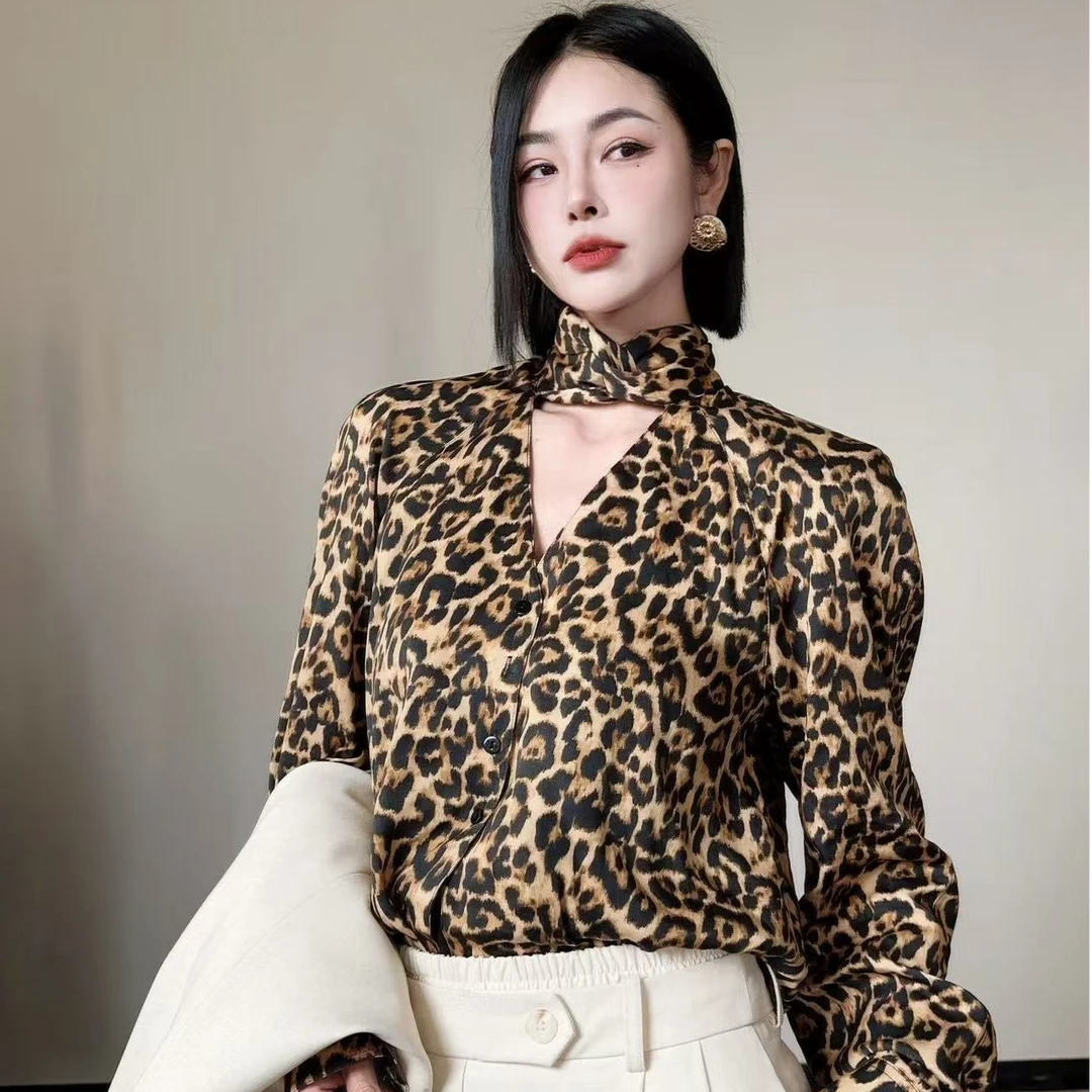 天丝【野趣】豹纹复古文艺休闲衬衫飘带