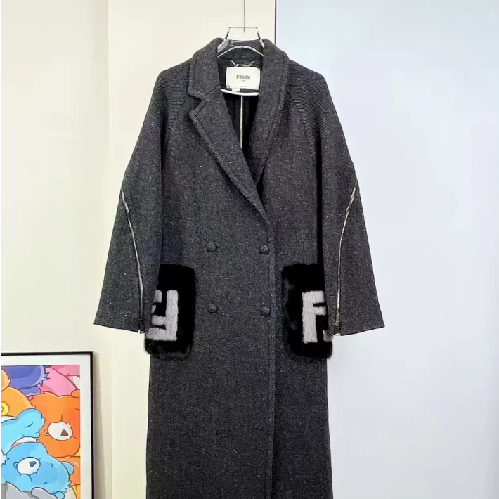 未使用 FENDI/芬迪 纯色羊毛大衣外套 黑灰色/XS