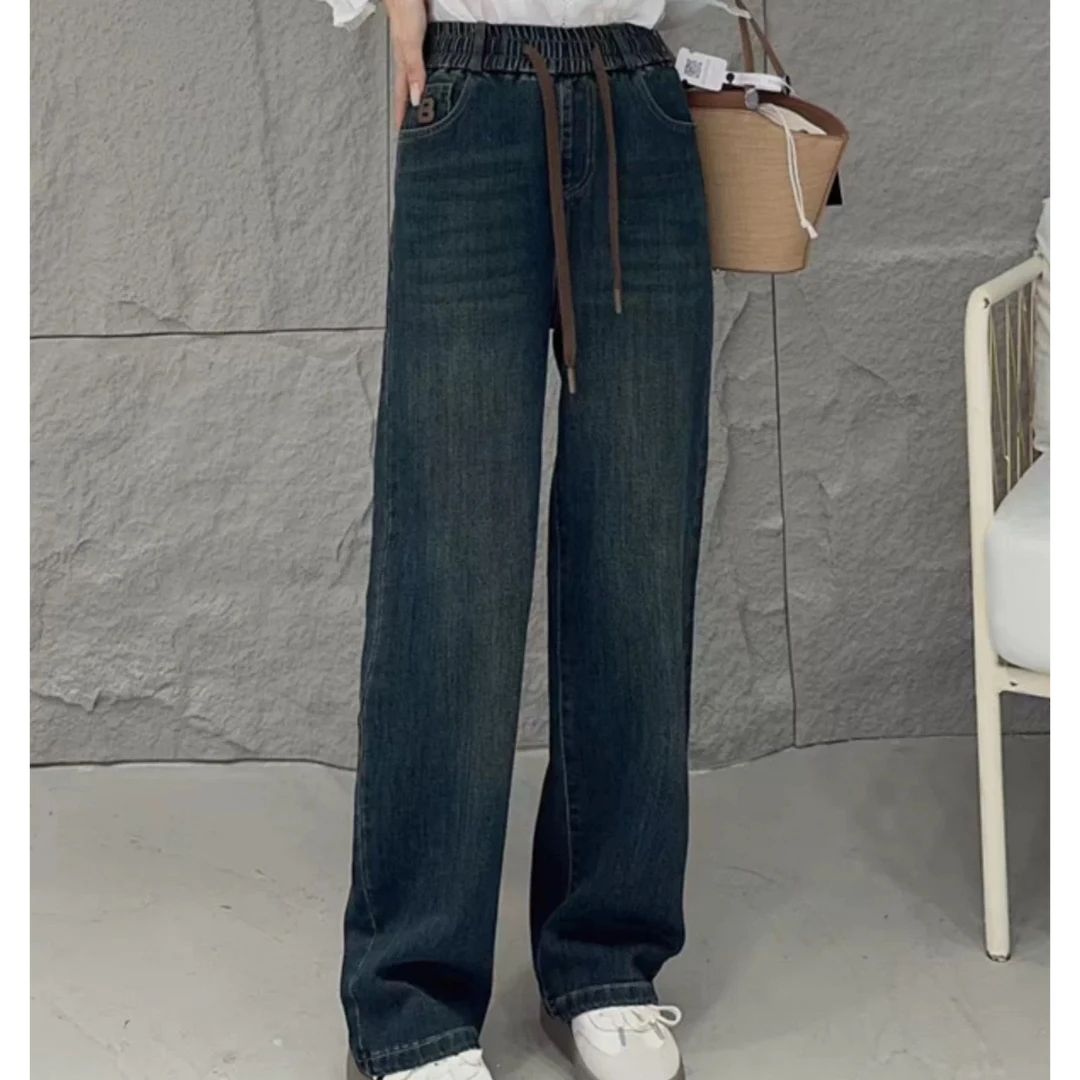 小施家时尚松紧腰加绒直筒牛仔裤6889