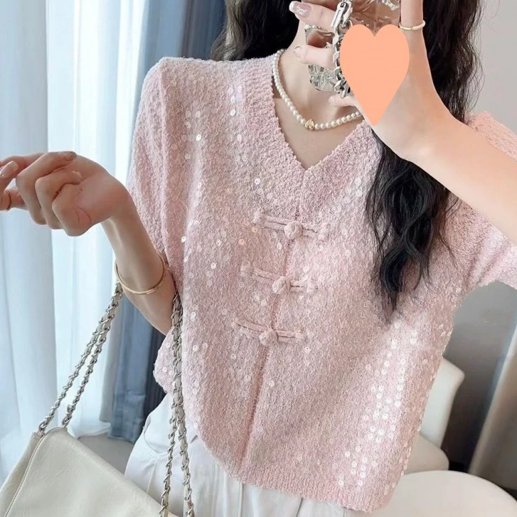 新中式亮片国风盘扣领针织衫上衣2025夏季新款亮闪闪重工短袖翠微